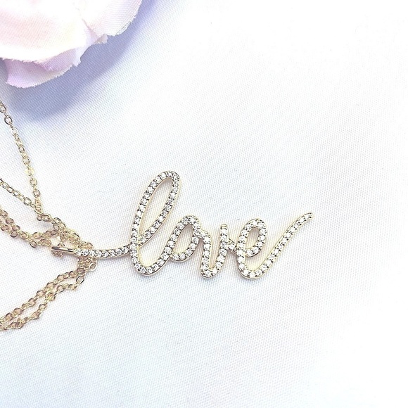 NWT Style Collection Cursive LOVE Pendant Necklace Gold with Sparkly CZ Stones - Picture 4 of 5